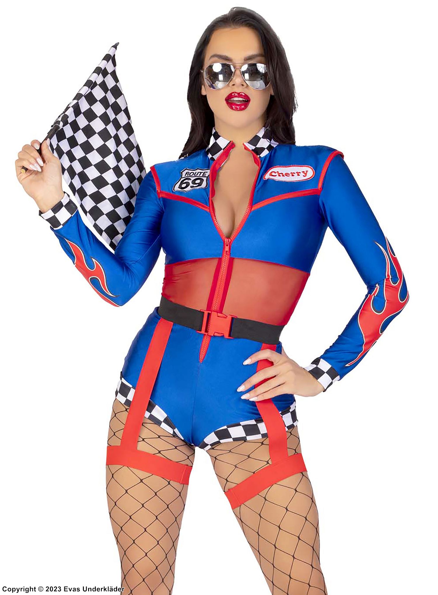 Female racer, costume romper, long sleeves, front zipper, checkered pattern